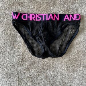 Andrew Christian Black Mesh Briefs with Pink Logo Waistband